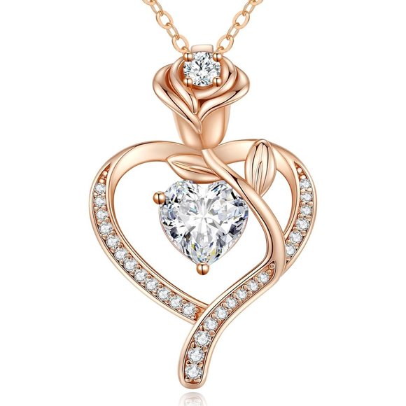 925 Sterling Silver Rose Flower White Heart Birthstone Necklace Gifts for Women